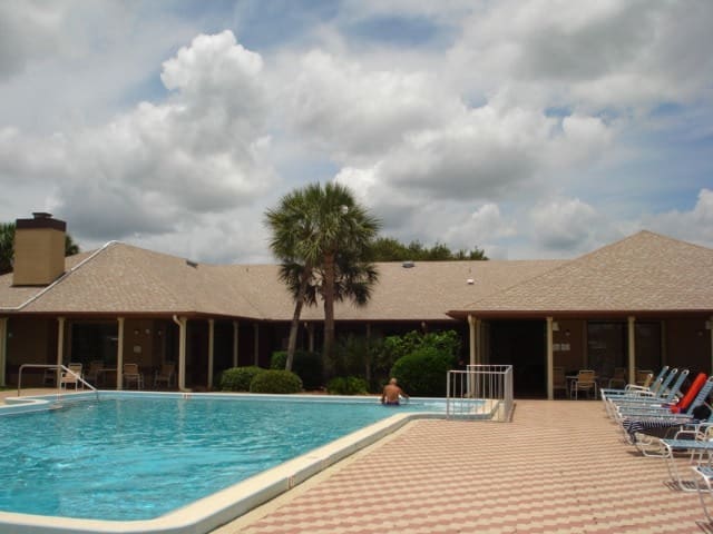 Relaxing pool area featuring a sunny sky, palm trees, and a swimmer enjoying the water, ideal for leisure and relaxation.